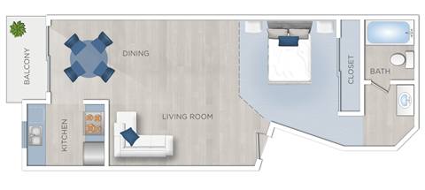 Floor plan for 1 bed, 1 bath, 554 sqft